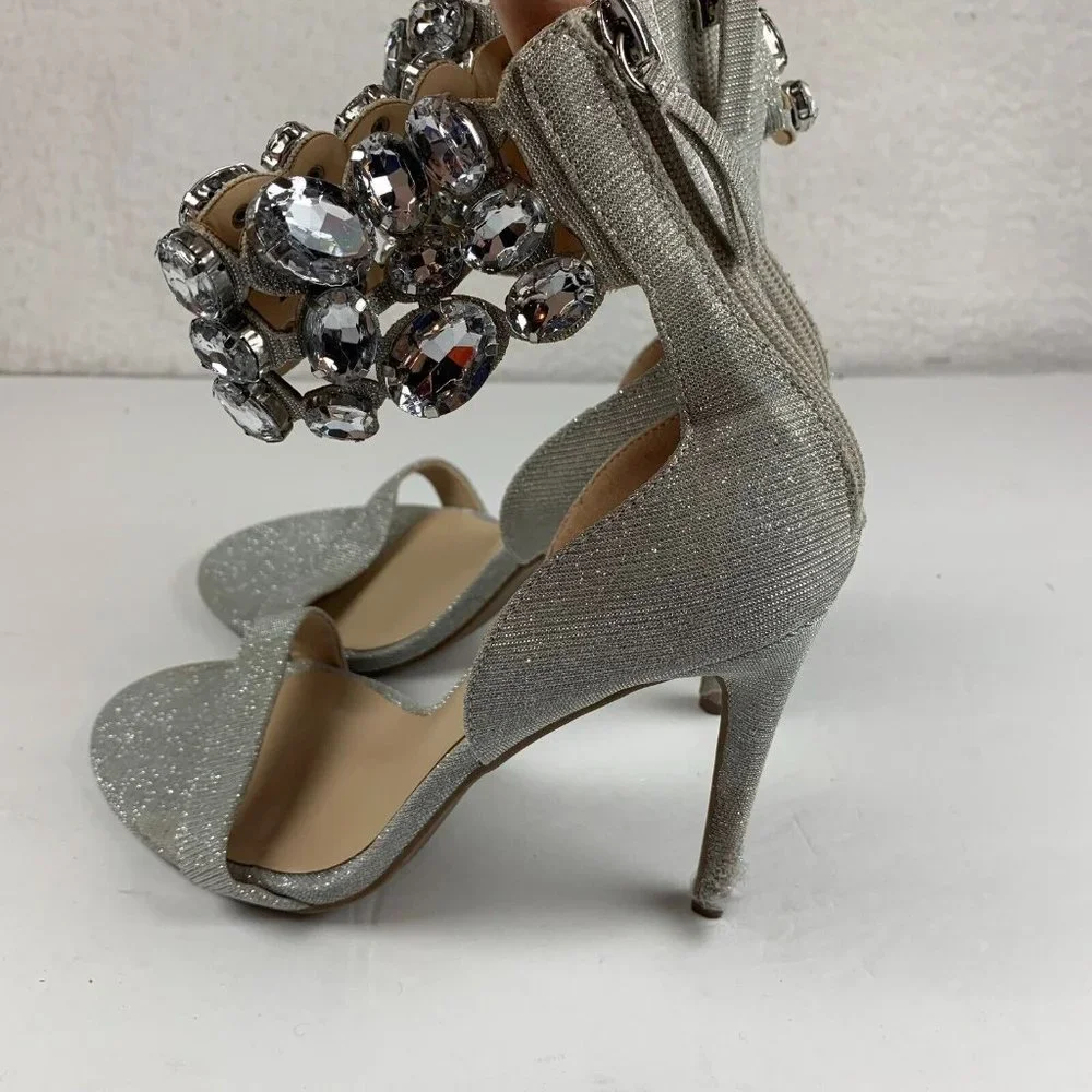 True Religion Braelynn Ankle Wrap Dress Heels 7.5M Jewel Embellished Silver 7963